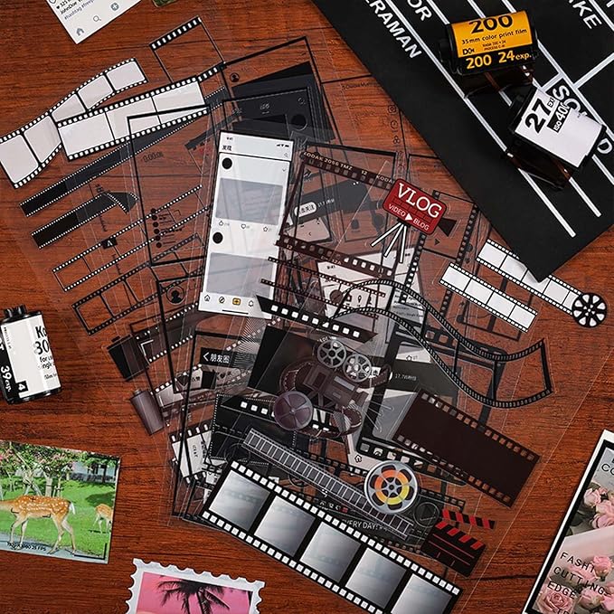 Vintage Camera Film Stickers for Scrapbooking,36 Sheets Transparent PET Photo Frame Stickers with 300+ Retro Designs for Journal and Photo Album Decoration