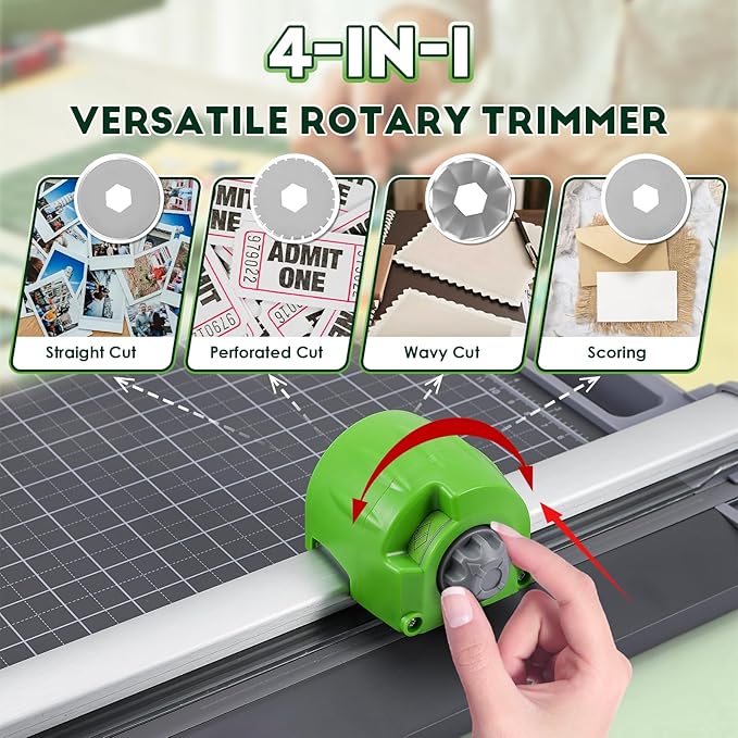CGOLDENWALL 4-in-1 A4 Rotary Paper Cutter with 4 Blades, for Craft DIY, 12 Sheets, Straight Perforated Line, 12.6" Cutting Length, for Photos Tickets Invitations Cards