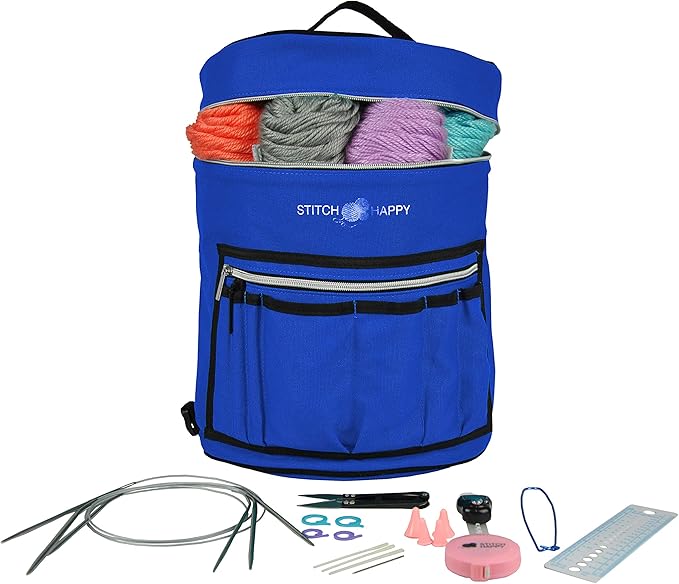 Stitch Happy Designer Knitting Starter Kit: 20 Piece Knitting Kit for Beginners & 7 Pocket Yarn Bag, Signature Yarn Storage (Cobalt)
