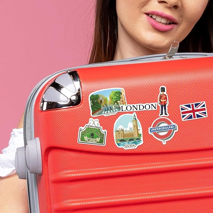 Navy Peony Bustling London Travel Stickers (28pcs) - Gouache Style, English-Themed Vacation Decals for Journals, Scrapbooks, Luggage, Water Bottle