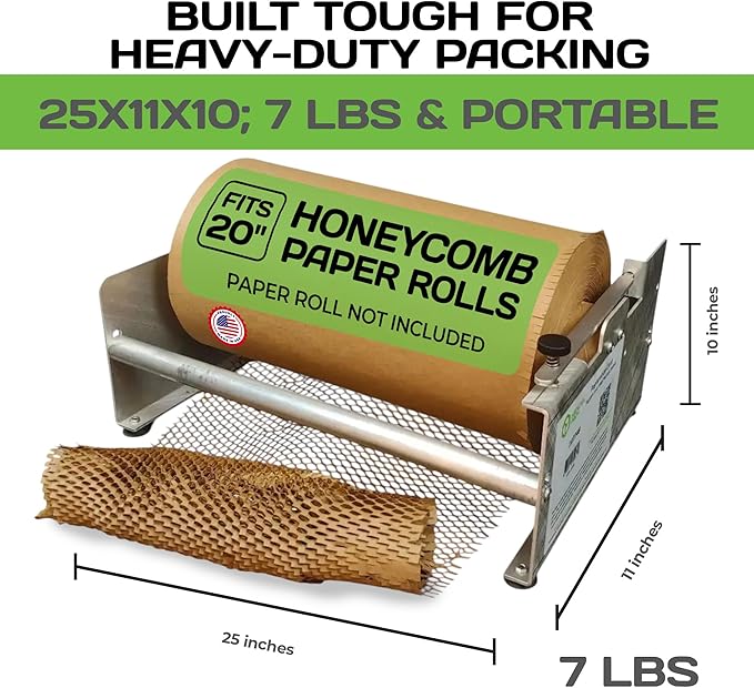 HexcelPack Packing Station – 20" Wide Tabletop Honeycomb Packing Paper Roll Dispenser, Kraft Wrapping Paper Holder, Manual Wrapping Station for Small Business - Dispenser Only