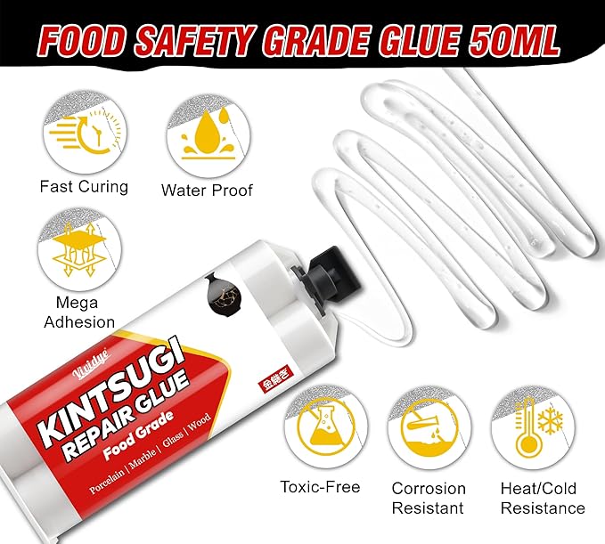 Kintsugi Repair Kit, Food Safe Ceramic Glue Repair Cups, Bowls, Saucers, Vase, Upgraded Kintsugi Pottery Kit Perfect for Beginners Restoring Meaningful Gifts and Art Craft, Kintsugi Glue Gold & Silver