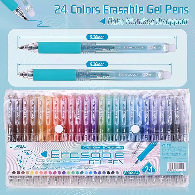 Erasable Gel Pens, 24 Colors Retractable Fine Point Erasable Pens Clicker, Assorted Color Inks, Make Mistakes Disappear for School Office Home, Drawing Writing Planner, Coloring