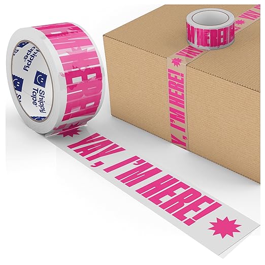 Fun Decorative Packing Tape for Small Business - Cute Designer Printed Packaging and Shipping Tape - 1.88" x 110 Yards (330 feet) - Yay, I'm Here! Clear Hot Pink,
