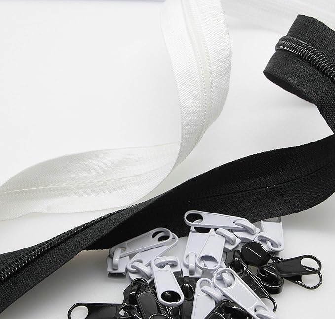 #3 Nylon Coil Sewing Zippers by The Yard Bulk 10 Yards White and Black Colors with 20pcs Matched Sliders for DIY Tailor Sewing Craft Bags,Luggage,Dress,Sofa Cushion, Pillow Leekayer(White and Black)