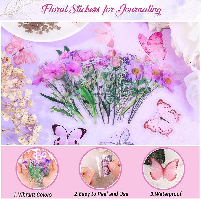 401Pcs Transparent Flower and Butterfly Stickers, Clear Floral Scrapbook Stickers Supplies for Journal Planner Notebook Resin Card Making Laptop Cell Phone Decorating