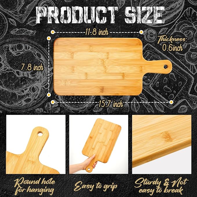 Nuenen 50 Pcs Wood Cutting Board with Handle 15.7 x 7.8 Inch Acacia Bamboo Wooden Serving Kitchen Chopping Boards for Pizza, Bread, Cheese, Charcuterie, Fruit, Vegetables (Bamboo)