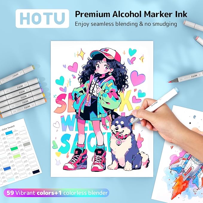 Alcohol Markers Brush Tip -60 Virant Colors Daul Tips Art Markers Set, for Artist Adults Coloring Illustrations, with Seamless Blending, Colorless Blender, Anti-Bleeding Pad, &Premium Ink