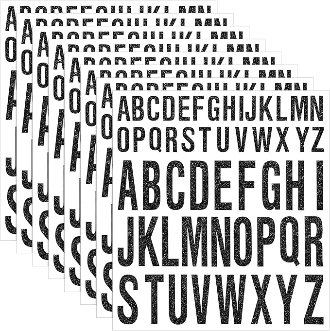 8 Sheet Glitter Letter Stickers Vinyl Alphabet Stickers Waterproof Self Adhesive Stick on Letters for Poster Bulletin Board Mailbox School Classrooms Decor(2 Inch, 3 Inch,Black)