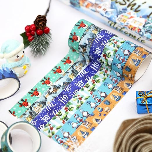 12 Rolls Winter Washi Tape Set, Blue Decorative Tape Snowflake ICY Christmas Themed Masking Tape for Journaling Supplies, Junk Journal, Scrapbooking, DIY Arts & Crafts, Gift Wrapping