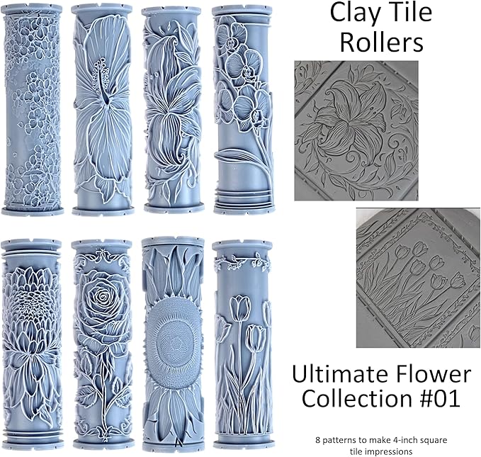 Ultimate Flower Clay Texture Rollers 8-Set (4") - Flower Set #01 - Embossing Pattern Rollers for Polymer & Ceramic Clay, Pottery & Crafts