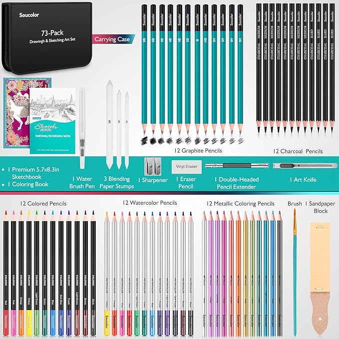 Soucolor 73 Pack Art Supplies Sketching Kit for Adults Gifts, Drawing Sketching Pencils with Sketchbook, Coloring Book, Colored Watercolor Metallic Graphite Charcoal Pencils