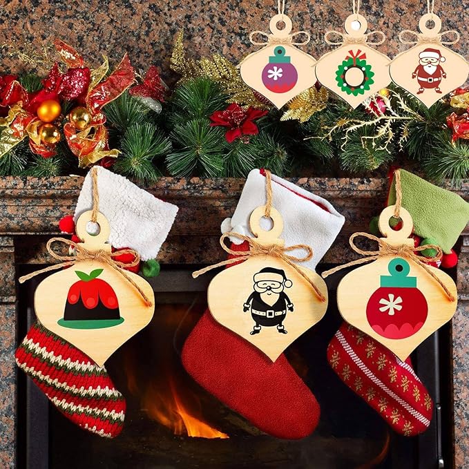 50 Pcs Wooden Ornaments, BetterJonny 3.15 * 2.56in Unfinished Natural Wood Slices with Holes Blank Wood Discs with 50pcs Jute Rope for DIY Christmas Decoration