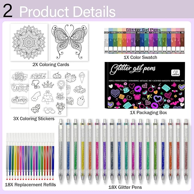 Glitter Pens 18 Colors with 18 Refills, Retractable Glitter Gel Pens for Adult, Vibrant Sparkle Metallic Colored Gel Pens Suitable for Coloring Books Doodling Drawing Journaling Note Taking Writing