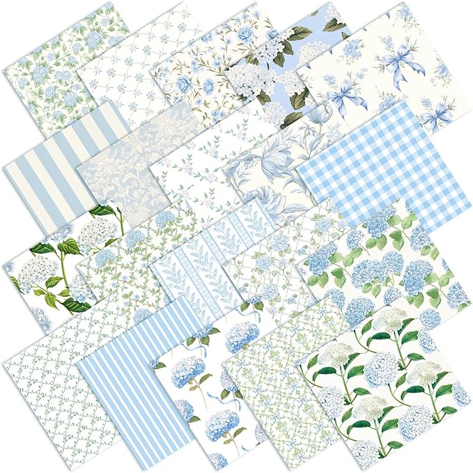 20 Pcs 10''x10'' Hydrangea Quilting Fabric Square Bundle Watercolor Dusty Blue Floral Precuts Quiltted Fabric Printed Patchwork Material Supplies for Holiday Patchwork DIY Sewing Crafts