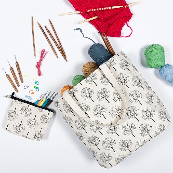 Yarwo Knitting Bag with Small Zipper Pouch, Yarn Tote for Knitting Needles, Skeins of Yarn and Knitting Supplies On the Go, Christmas & New Beginnings Gifts for Women, Tree (Patented Design)