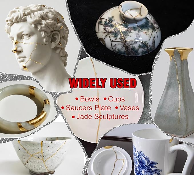 Kintsugi Repair Kit, Food Safe Ceramic Glue Repair Cups, Bowls, Saucers, Vase, Upgraded Kintsugi Pottery Kit Perfect for Beginners Restoring Meaningful Gifts and Art Craft, Kintsugi Glue Gold & Silver
