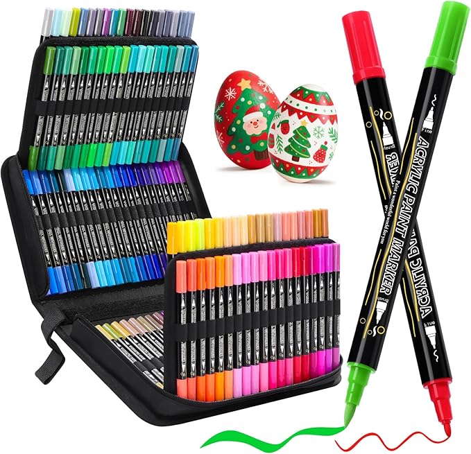 Tongfushop 120 Colors (12 Metallic) Acrylic Paint Marke, Dual Fine & Brush Tip Paint Pens, No Bleed & Quick-Dry with Case for Rock Painting, Canvas, Wood, Ceramic, Glass, Adult & DIY Art Supplies