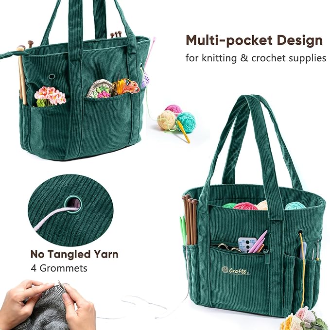 Crochet Bag and Tote - Corduroy Yarn Bag - Yarn Holder for Crocheting - Crochet Storage Bag for Crochet Hooks, Crochet Accessories, Knitting Bag for Crochet Lovers, Mother's Day Gift