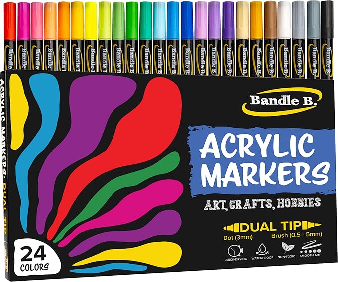 Bandle B. Acrylic Paint Markers – Set of 24 Dual Tip Paint Pens with Dot and Brush Tip for Art, Rock Painting, Coloring, Journaling, Wood, Glass, Canvas and DIY Crafts