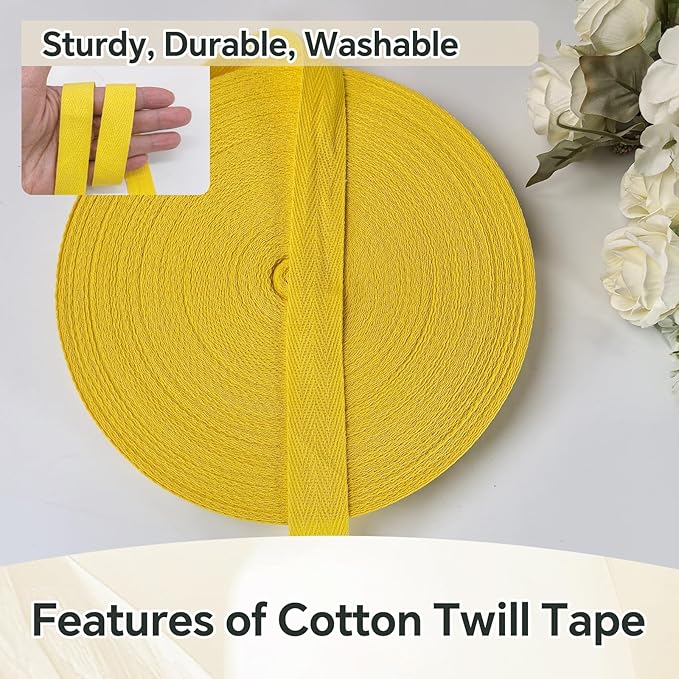 Yellow Twill Tape 3/4 Inch Wide - 40 Yards Herringbone Cotton Webbing Bias Binding Tape for Sewing, Crafting, DIY Projects, Pet Collars, Gift Wrapping and Home Decoration