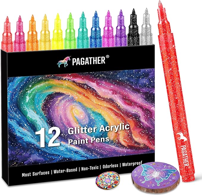 12 Colors Glitter Markers, 0.7mm Extra Fine Tip Sparkling Acrylic Paint Pens for Crafts, Adult Coloring, and DIY Projects on Paper, Rock, Wood, Glass and Fabric
