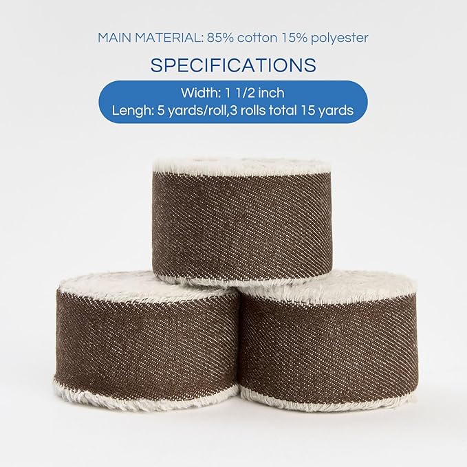 Pretty Jolly Khaki Denim Ribbon for Crafts Handmade Rustic Frayed Cotton Jean Fabric Ribbon for Flower Bouquet 15 Yards 1 1/2 Inch Cloth Ribbons for Gift Wrapping Hair Sewing Accessories Holiday Decor