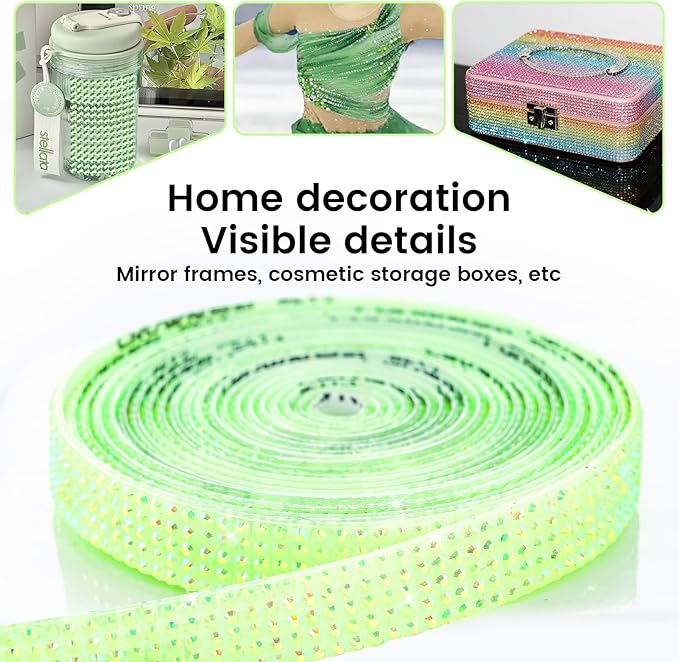 Novani Self Adhesive Rhinestone Ribbon, 0.39 Inch Wide 3 Yards 1 Roll, Light Green AB Diamond Bling Strips for DIY Crafts, Glitter Resin Rhinestones Tape for Crafting, Car Decoration
