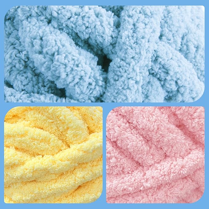 HOMBYS 12 Pack Chunky Yarn for Crocheting,Super Bulky Large Soft Fluffy Yarn,Plush Fuzzy Yarn,Thick Chenille Yarn for Hand Knitting/Arm Knitting,4 Pink,4 Buttercup,4 Sky Blue(Each 27yds,8 oz)