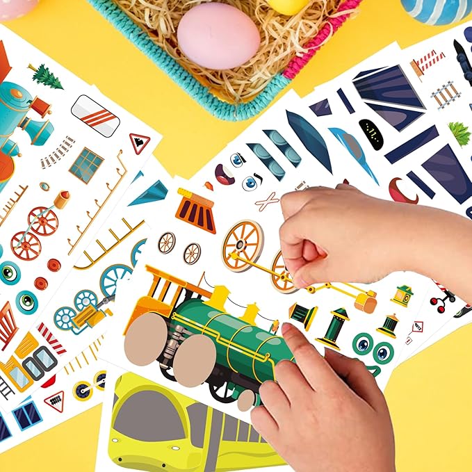 DUJAA 24 Sheets Train Stickers for Kids, Make Your Own Steam, Freight, Bullet Trolley Trains Stickers for Toddlers, Train Party Favors, DIY Craft Great Birthday Classroom Teacher Reward