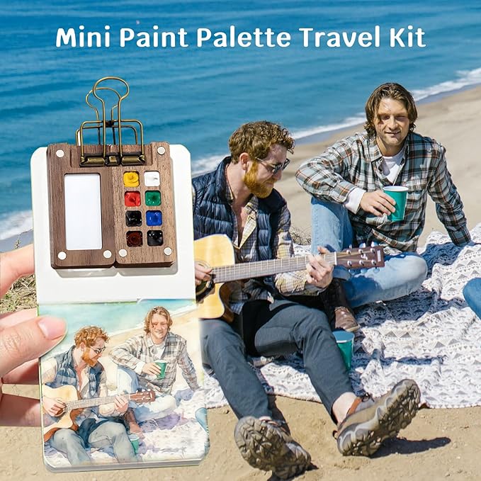 Mini Watercolor Travel Paint Set, Portable Travel Watercolour Kit with Wood 8 Grid Paint Palette, Watercolor Journal, Metal Clip, Multicolor Paint, Water Brush for Painters Artists Students&Beginners