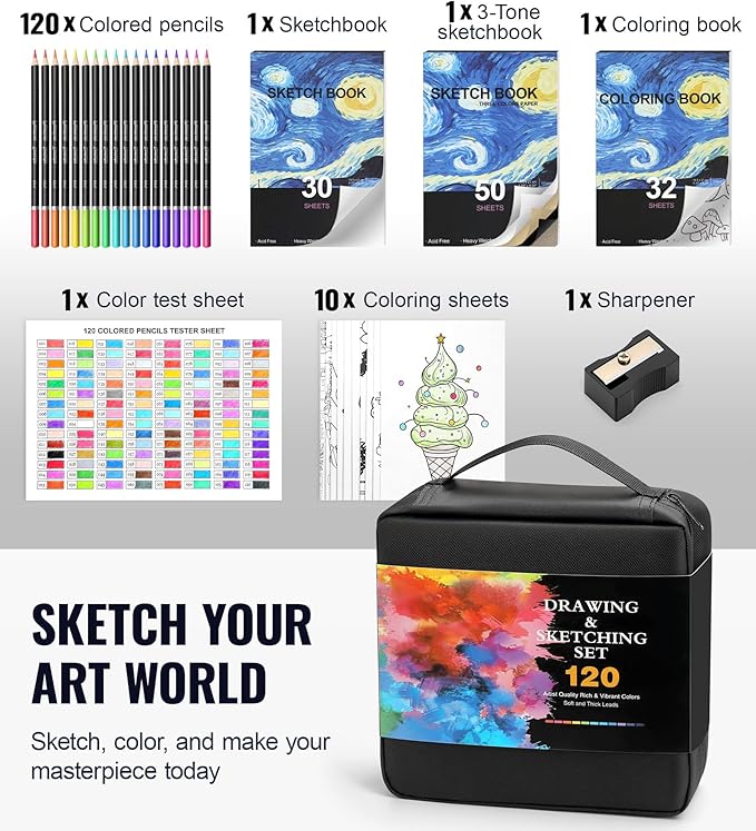 COOL BANK 120 Pack Colored Pencils for Adult Coloring Books, Soft Core Oil Based Color Pencils with Sketch Book, Color Book, Art Supplies with Zipper Case, Gifts for Kids, Artists, Professionals