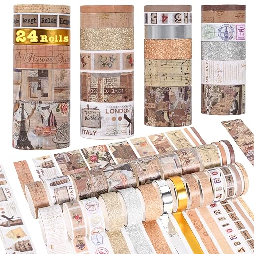 24 Rolls Washi Tape Set,Vintage Floral Decorative Masking Tape for Scrapbooking Supplies,Junk Journal,DIY Crafts,Gift Wrapping(Retro Medieval Series)