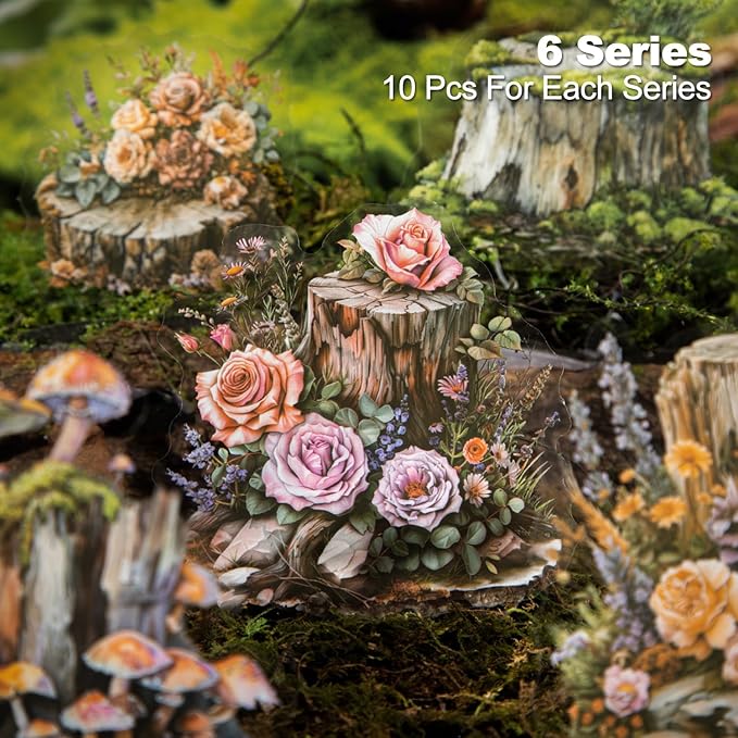 60Pcs Stump PET Stickers, Tree Landscaping Stickers for Scrapbooking, Journaling, and DIY Crafts
