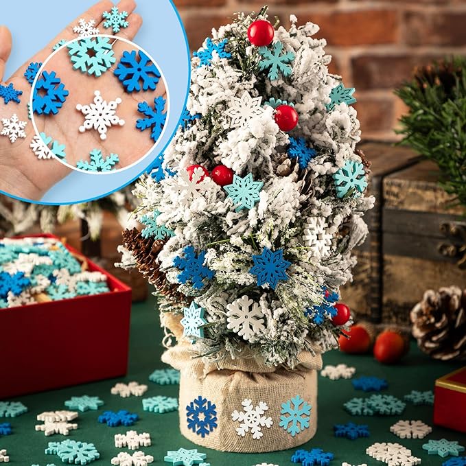 Christmas Snowflake Buttons for Crafts - 200 Pcs Assorted Wooden Snowflake Buttons Embellishments DIY Snowflake Shaped Christmas Tree Ornaments for Winter Party Craft Sewing Home Decor (Blue, White)