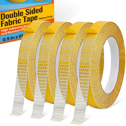 Double Sided Fabric Tape Heavy Duty for Hem, Fashion Dress, Cloth, Curtains, High Adhesive Sticky but Removable and Residue free, No Sewing or Ironing need, Multipurpose, 0.5 in x 66FT/20m x 4Rolls