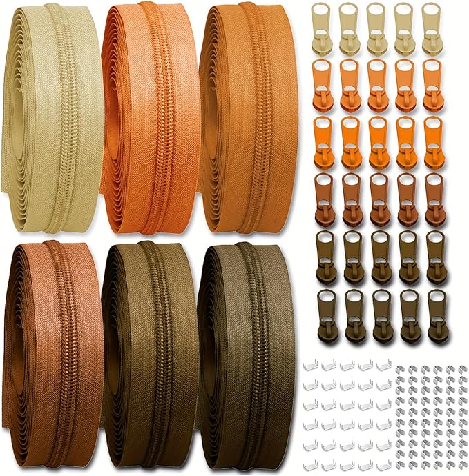 #3 Nylon Zipper Tape for Sewing: YZSFIRM 24 Yards Brown Series by The Yard Nylon Coil Zippers for DIY Sewing Craft with 30 Bulk Metal Zipper Slider
