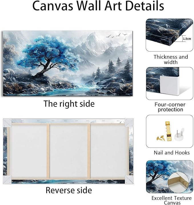 WENTIAO Canvas Wall Art For Living Room, Large Blue Lakeside Forest Wall Decor For Bedroom Painting Mountain Fog Landscape Wall Pictures Artwork Office Frame Canvas Art Modern Home Decoration 60X120cm