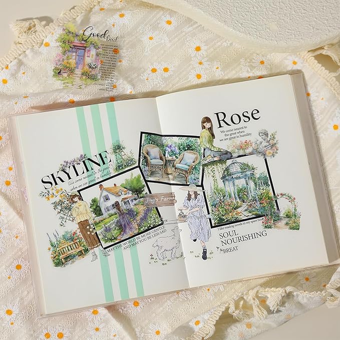 90 PCS City & Garden Street Scene Pre-Cut PET Stickers - Watercolor Backgrounds with Shops Cars Lamps Flowers for Scrapbook Journal Travel Collage Décor
