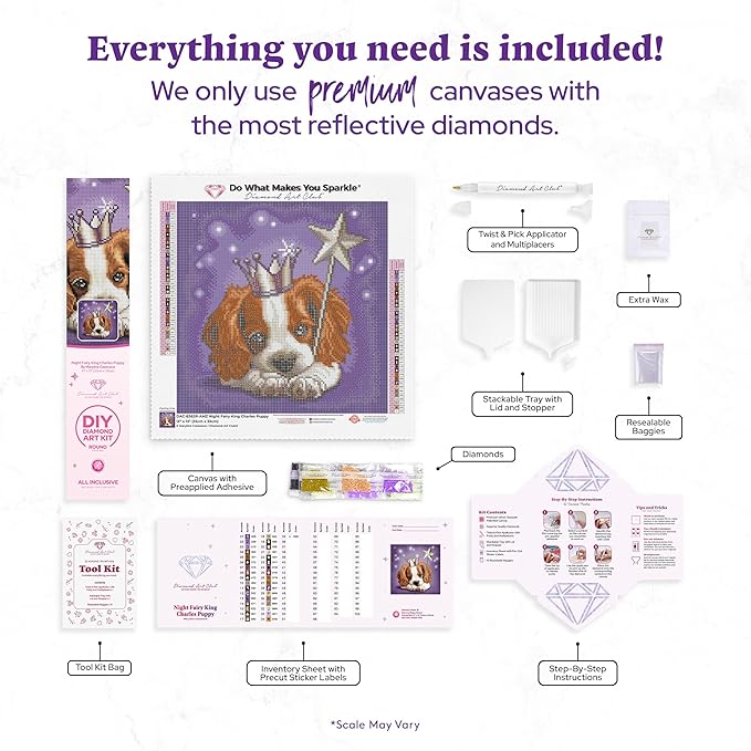 DIAMOND ART CLUB Night Fairy King Charles Puppy Diamond Painting Kit, Fun DIY Crafts for Adults, Round Diamond Art Canvas, 13" x 13"