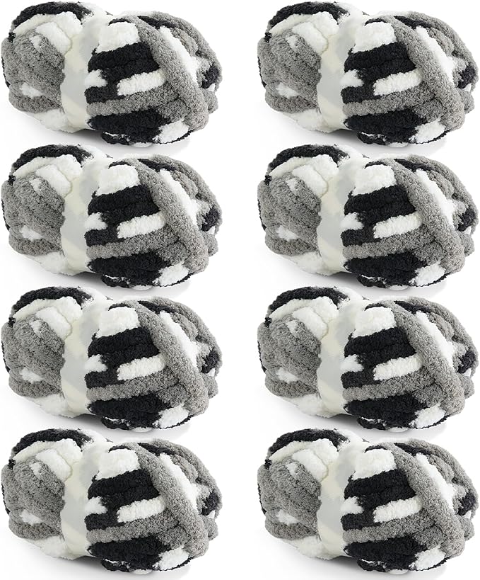 HOMBYS 8 Pack Giant Chunky Yarn for Crocheting/Hand Knitting, Super Bulky Large Soft Fluffy Tie Dye Plush Fuzzy Mixed Color Thick Chenille Yarn (Black, White, Grey)
