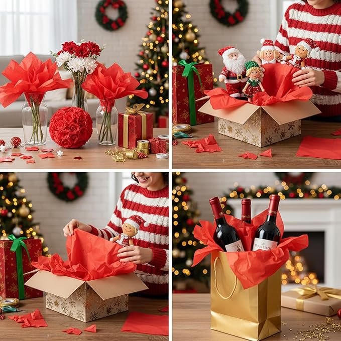 Qilery 500 Sheets Red Tissue Paper Bulk for Gift Bags 20 x 30 Inch Acid Free Wrapping Paper Sheets for Valentine's Day Chinese New Year Decoration DIY Craft, Packing Supplies for Moving, Wedding Party