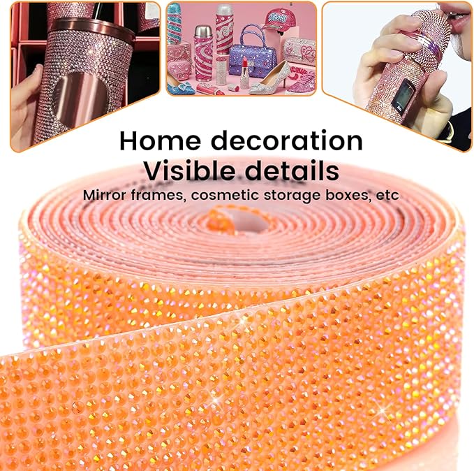 Novani Self Adhesive Rhinestone Ribbon, 1.18 Inch 3 Yards 1 Roll, Orange AB Diamond Bling Strips for DIY Crafts, Glitter Resin Rhinestones Tape for Crafting, Car Decoration