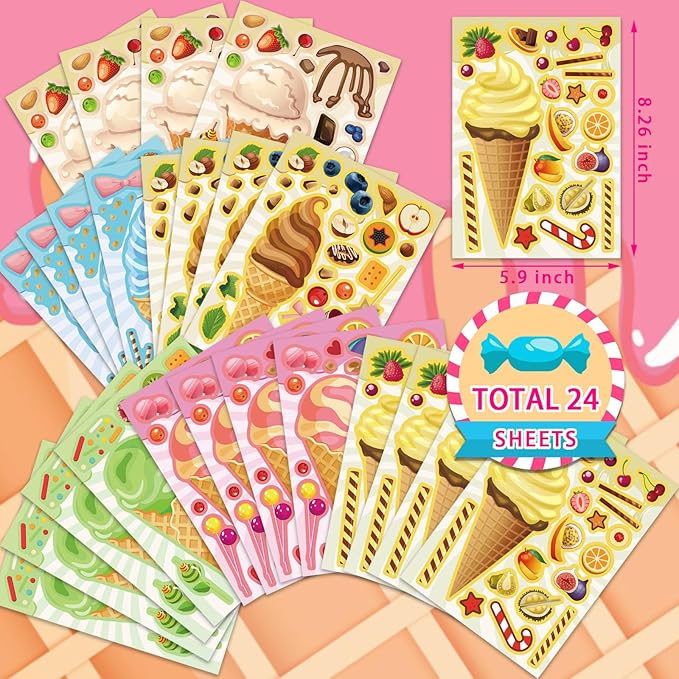 24 Sheets Ice Cream Stickers, Make-a-face Stickers for Kids Toddlers, Make Your Own Mix and Match Stickers, DIY Summer Ice Cream Stickers for Birthday Party Games Teacher Reaward