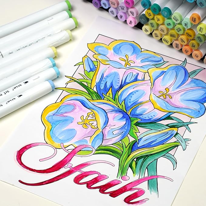 SFAIH 48 Colors Alcohol Markers - Dual Tips Art Set, Brush & Chisel Nibs, Ideal for Artists & Adults, Coloring, Drawing & Illustration, Includes 1 Blender