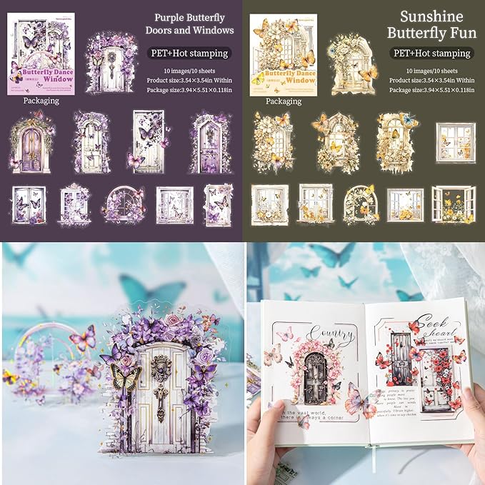 60 PCS Vintage Floral Butterfly Window and Door Scrapbook Stickers with Gold Holographic Outlines, Glitter Shiny Decorative PET Stickers for Scrapbooking, Planner, Journaling Supplies, Crafting