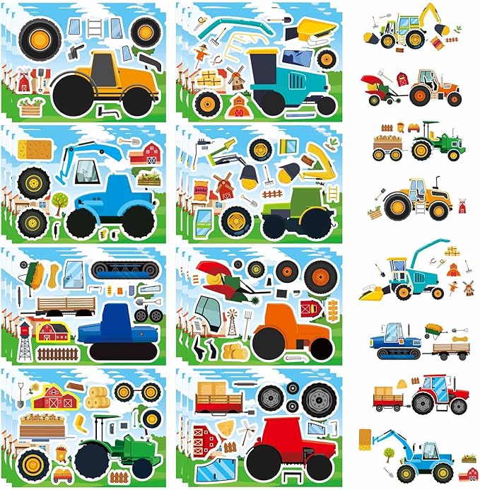 24 Sheets 8''×6'' Make Your Own Farm Tractor Stickers for Toddlers Kids Party Favors, Make a Face Sticker, Fall Autumn Stickers for Kids Farm Themed Birthday Party Favors Supplies Crafts (8 Designs)