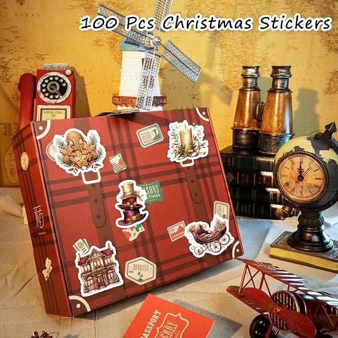 100 Pcs Vintage Christmas Stickers.Waterproof Santa Stickers for Scrapbook Junk Journal Collage DIY Crafts,Vinyl Winter Holiday Stickers for Water Bottles Laptops,Phone Case