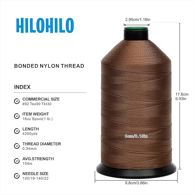 Extra Strong Bonded Nylon Thread #92 Tex90 – 16 OZ, 4200yds, Versatile Stitching Solution for Leather, Upholstery, Canvas Repair and More (Tawny Brown)