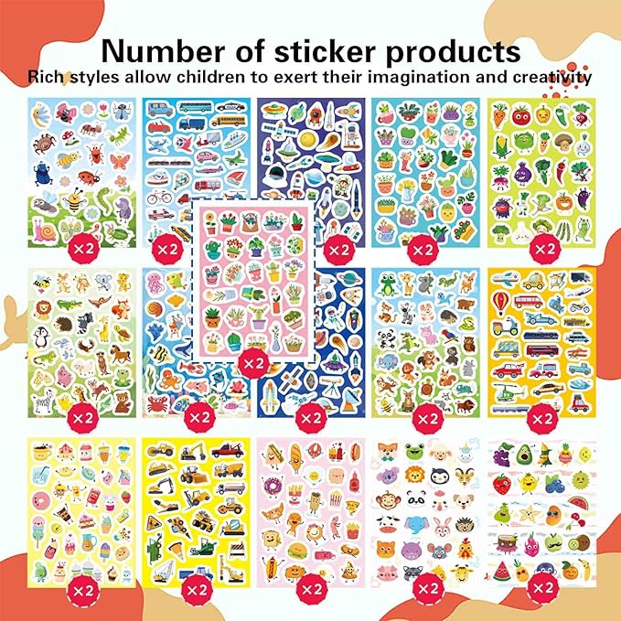 32 Sheets Stickers for Kids, 850 PCS + Cute Stickers Variety Pack for Kids, 16 Different Theme with Sea, Animal, Food, Dessert, Space, Fruit, Flowers, Cars and More